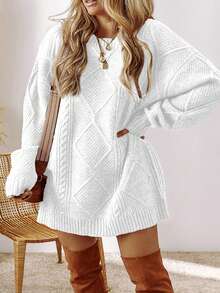 Acelitt Autumn/Winter Plus Size Women's Solid Color Knit Textured Cold Shoulder Plus Size Sweater Dress - White - View 4