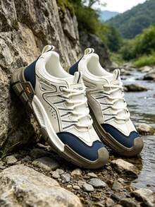 Men's Breathable Mesh Hiking Shoes, Non-Slip Wear-Resistant Rubber Sole Lace-Up Outdoor Trekking Sports Shoes - Beige - View 4