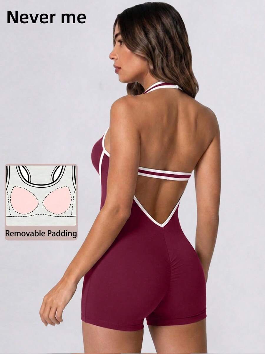 Never me Women's Sports Shorts Yoga Pilates Romper Round Neck Back Cutout Contrast Trim Ruched Waist Tight Fit - Burgundy - View 1