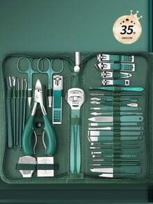 [7-35pcs Nail Care Set] Professional Stainless Steel Nail Care Set With Portable Travel Storage Box | Includes Nail Clippers, Cuticle Scissors And Nail Files | Suitable For Home And Travel Use Foot Care Tools, Nail Decoration - Dark Green - View 2