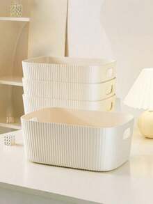 1/3/6pcs Beige Plastic Storage Bins With Handles, Cosmetic Storage Box, Toy Storage Box, Stackable Storage Container, Suitable For Organizing, Shelves, Home, Kitchen, Office, Closet, Game Room - Cream Yellow - View 2