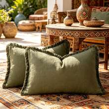 1pc Olive Green Tassel Throw Pillow Cover (Insert Not Included), Textured Breathable Sun-Resistant Fabric, Vintage Soft Matte Texture, Low Saturation Olive Green With Matching Tassel Trim, Suitable For Balcony, Patio - Multicolor - View 13