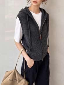 Women's Autumn/Winter Minimalist Hooded Zip-Up Cardigan Vest - Dark Grey - View 1