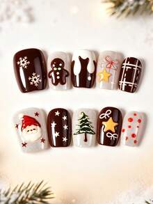 Premium Wearing Experience,10Pcs Short Square Press‑On Nails Kit,Cartoon Embossed Santa Gingerbread Man X‑Mas Tree Gift Snowflake,Reusable,With Jelly Glue & Nail File,For Women Holiday Party Daily Wear - Multicolor - View 1