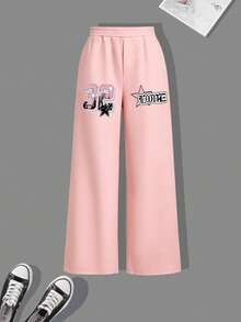 Fashionable Youth Girl Letter & Number College Style Personalized Graphic Print Hoodie Sweatshirt Paired With Printed Loose Wide Leg Pants, Autumn/Winter 2pcs Set - Pink - View 6