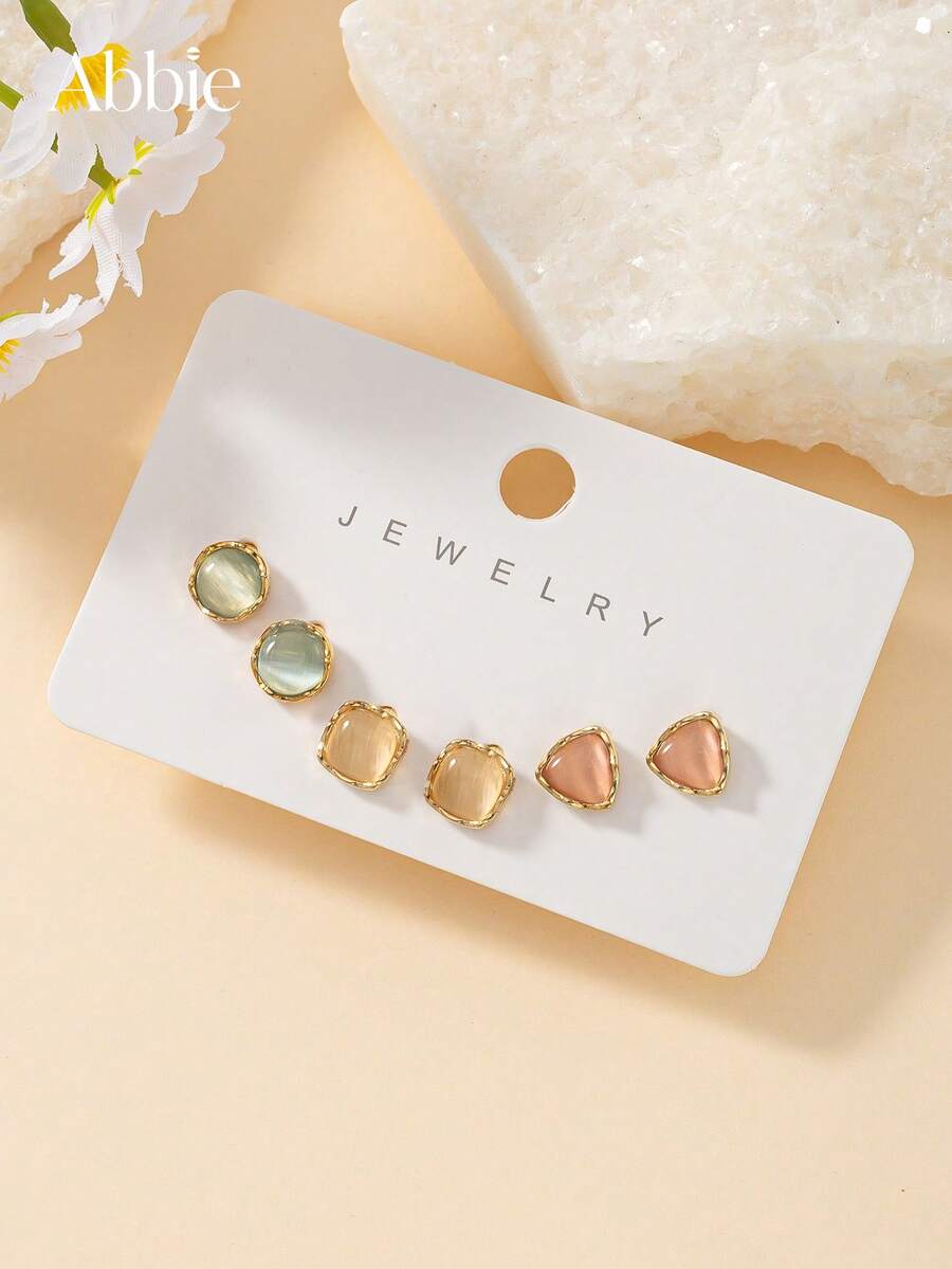 3 Pairs Cute Stud Earrings Set, Square And Triangle Minimalist Geometric Combination Earrings, Women's Daily Casual Wear Jewelry Gift - Multicolor - View 1