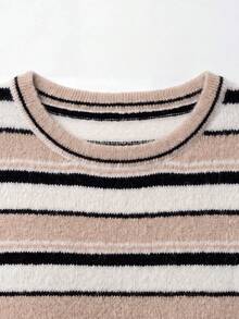 VIBEWAVE Color Block Striped Crew Neck Knit Pullover, Pink White Wine Red, Drop Shoulder Wide Sleeve, Relax Casual Sweater - Apricot - View 6