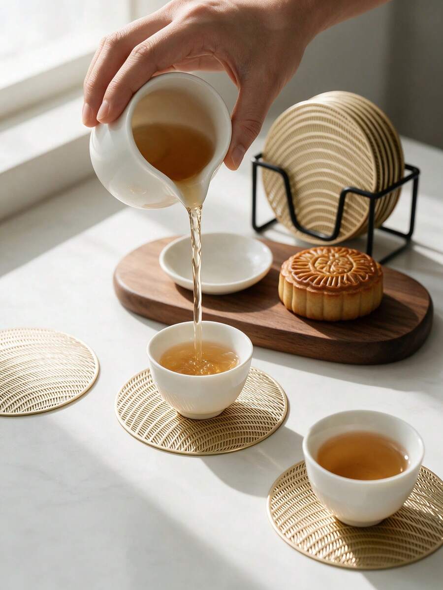 6-24pcs Champagne Gold Wavy Pattern Coasters, European Style Premium PVC Round Heat-Insulating Coasters For Home, Bar, Thanksgiving, New Year Decor - Multicolor - View 1