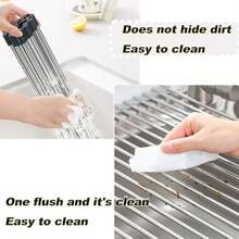 Black, Collapsible Dish Rack For Over-The-Sink Use, Made Of Stainless Steel, Kitchen Storage Accessory, For Storing Sponges, Cups, Fruit And Vegetables, Including Drying Mat, 35 * 43 Cm - Silver - View 4