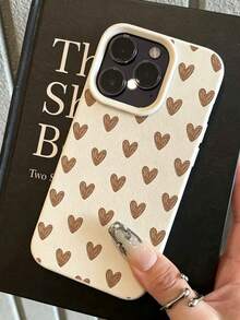 1pc Minimalist Fashion Hand-Painted Brown Heart Pattern Printed Phone Case, Compatible With Iphone 18/18 Pro/18 Pro Max/17/17 Pro/17 Pro Max/16/16 Pro Max/15/16/14/13/12/11 And Other Models, Large Hole Leather Texture Phone Case, Anti-Drop Premium Soft Shell, New Fashion Protective Case, Autumn Fashion Gift - Beige - View 4