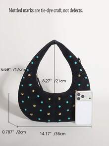 Black PU Tie-Dye Vintage Crescent Moon Underarm Bag, Personalized Rivet Turquoise Inlaid Embellished Shoulder Bag, Shopping Bag (Mottled Marks Are Tie-Dye Craft, Not Defects) - Black - View 3