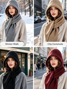 Hooded Knit Scarf, One‑Piece Hat Scarf Combo, Ribbed Knit Scarf With Hood, Winter Head And Neck Wrap Accessory, Multi‑Color Option For Cold Weather Daily Winter Outfit Matching - Multicolor - View 9