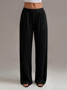XLLAIS Women's Autumn/Winter Straight Leg Pants, Elastic Waist, Micro-Ribbed Knit Fabric, Pleated Design, Casual Sports Style, Black - Black - View 2