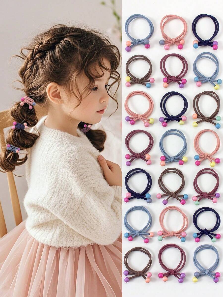 10 piezas Juego de ligas para el cabello de doble capa con cuentas en colores Morandi, estilo coreano lindo, elástico no dañino, adecuado para niñas, accesorios para el cabello para fiestas y uso diario - Multicolor - Ver 1