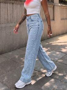 Women's Vintage Pearl Decor Light Wash Denim Flare Jeans With Button And Pocket Details - Light Wash - View 4