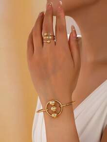 Minimalist Geometric Gold Bead Open Bangle + Multi-Layer Thin Ring 2 Pieces Set, Party Dress Photo Accessory - Golden Yellow 3 - View 12