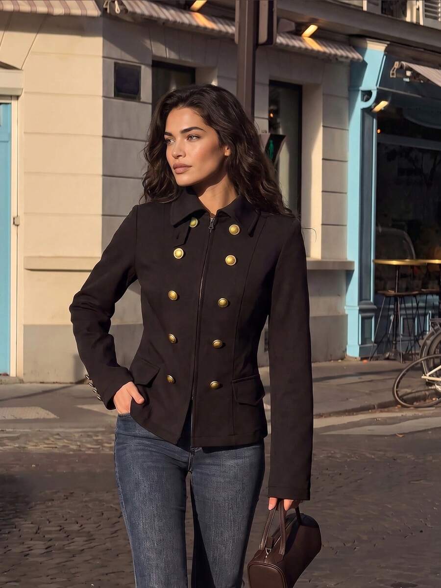 Jaket Lengan Panjang Wanita Kasual Serbaguna Elegan Musim Gugur/Dingin 2026, Cocok untuk Berbelanja, Bepergian, Kencan, Jalan-jalan, dan Lainnya - Hitam - View 1