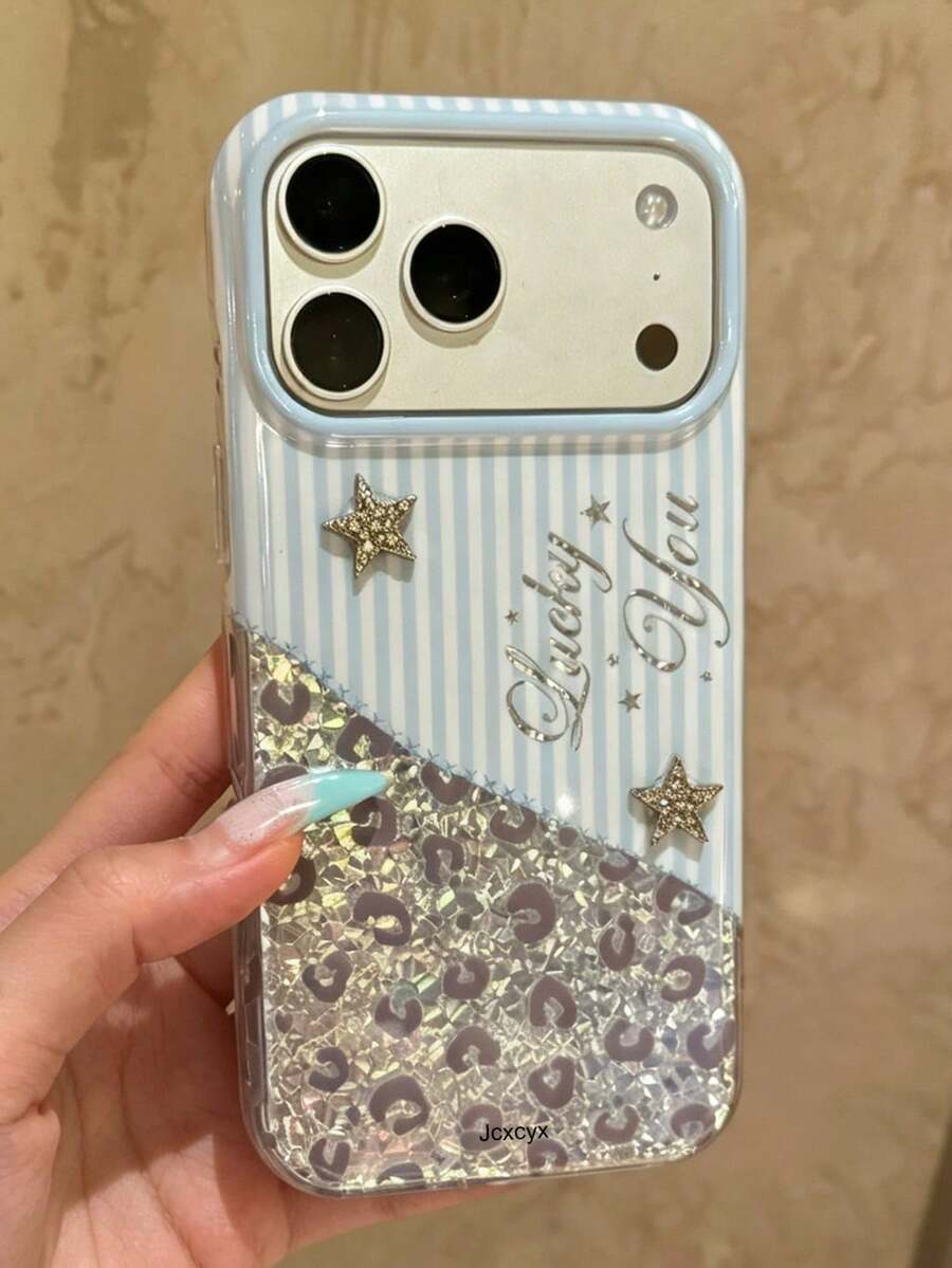 Cute Glitter Stripes Rhinestone Glossy Soft Phone Case Compatible With IPhone 17 Pro Max 17 Pro 16 Pro Max 15 Pro Max 14 Pro Max 13 Pro Max 13 12 11 Shiny Protective Back Cover - Blue and White - View 1