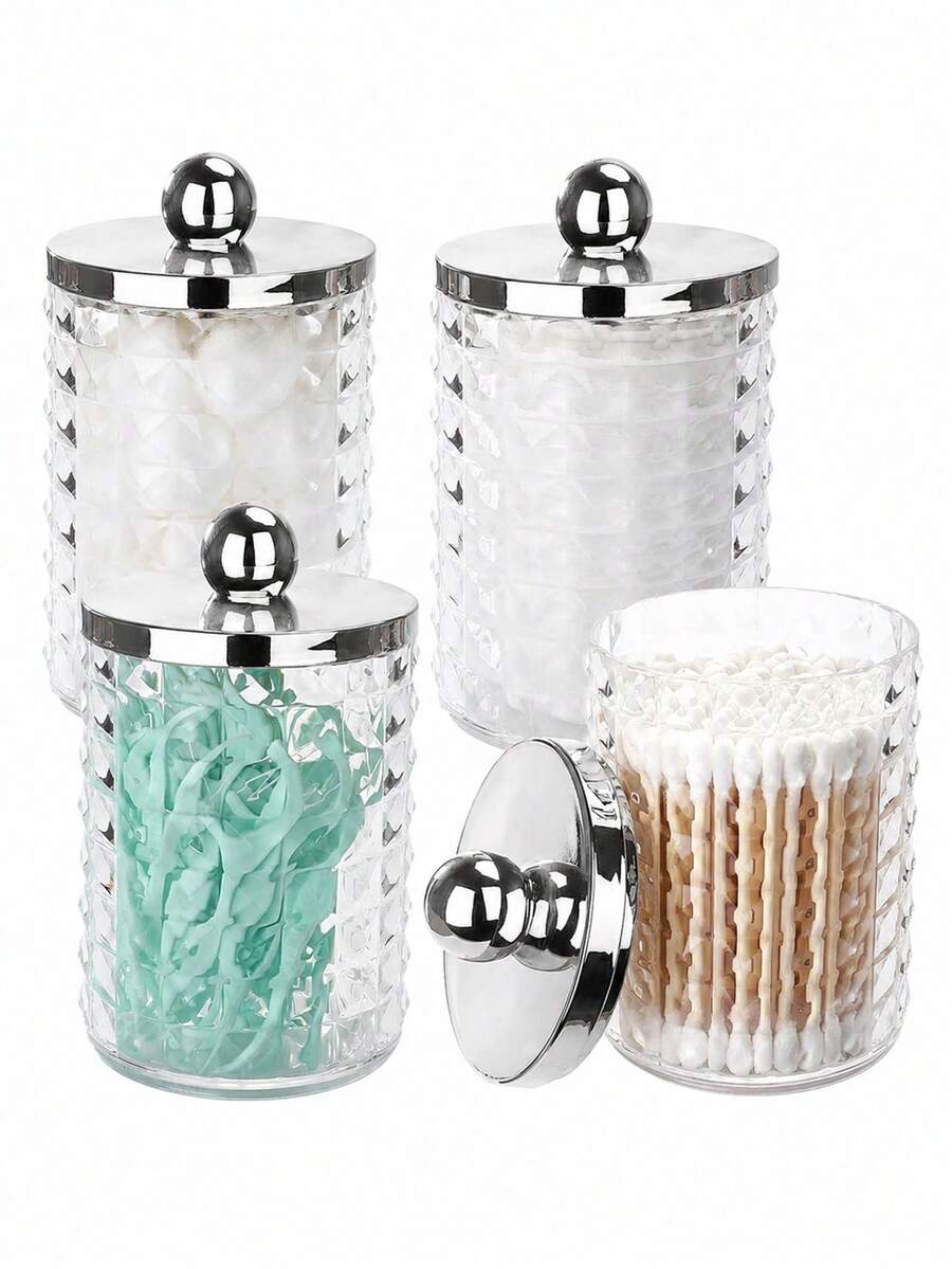 1/2/3/4pcs Bathroom Vanity Storage Canisters With Lids, Transparent Diamond Pattern Cotton Swab Holders, Suitable For Cotton Swabs, Cotton Pads, Floss Picks And Makeup Accessories - Multicolor - View 1