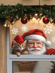Christmas Window Stickers, Santa Claus & Cute Cat Peeking Out Window Decals, Removable Snowflake Static Wall Stickers, Glass Window Door Home Party Decorations - Red and White - View 1