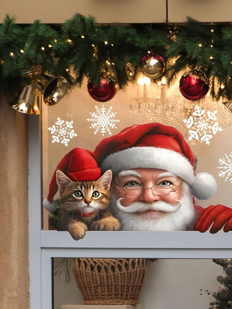 Christmas Window Stickers, Santa Claus & Cute Cat Peeking Out Window Decals, Removable Snowflake Static Wall Stickers, Glass Window Door Home Party Decorations - Red and White - View 1