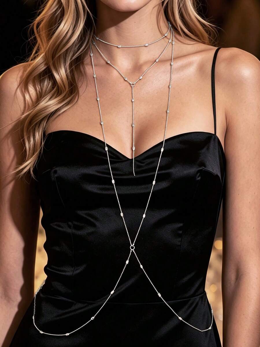 1 pieza Cadena larga de plata personalizada Cadena corporal de playa para mujer - Plateado - Ver 1