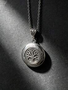 Vintage Elegant Round Photo Frame Necklace, Antique Silver Tree Of Life Photo Frame Pendant, Elegant Women's Necklace, Made Of Non-Fading Stainless Steel Material, Unisex, Mother's Day, Birthday, Anniversary Gift - Bohemian Fashion Accessory - Silver - View 5