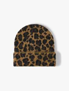 1 buah Topi Rajut Motif Leopard Eropa & Amerika, Topi Rajut Lipat Minimalis Serbaguna Hangat untuk Pemakaian Sehari-hari di Musim Gugur/Dingin - Beraneka warna - View 3