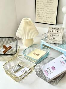 Macaron Color Metal Mesh Storage Basket Set, Square Hollow Desktop Organizer Tray, Multi-Functional Countertop Storage Rack, Suitable For Stationery, Cosmetics, Home Sundries, Home Office Use - Multicolor - View 4