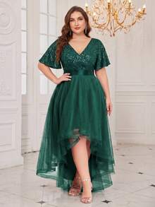 XUCTHHC Plus Size Elegant Party V-Neck Ruffle Sleeve Sequin High-Low Hem Mesh Skirt Formal Ball Gown, Wedding Guest, Cocktail Party, Holiday, Autumn/Winter - Dark Green - View 1