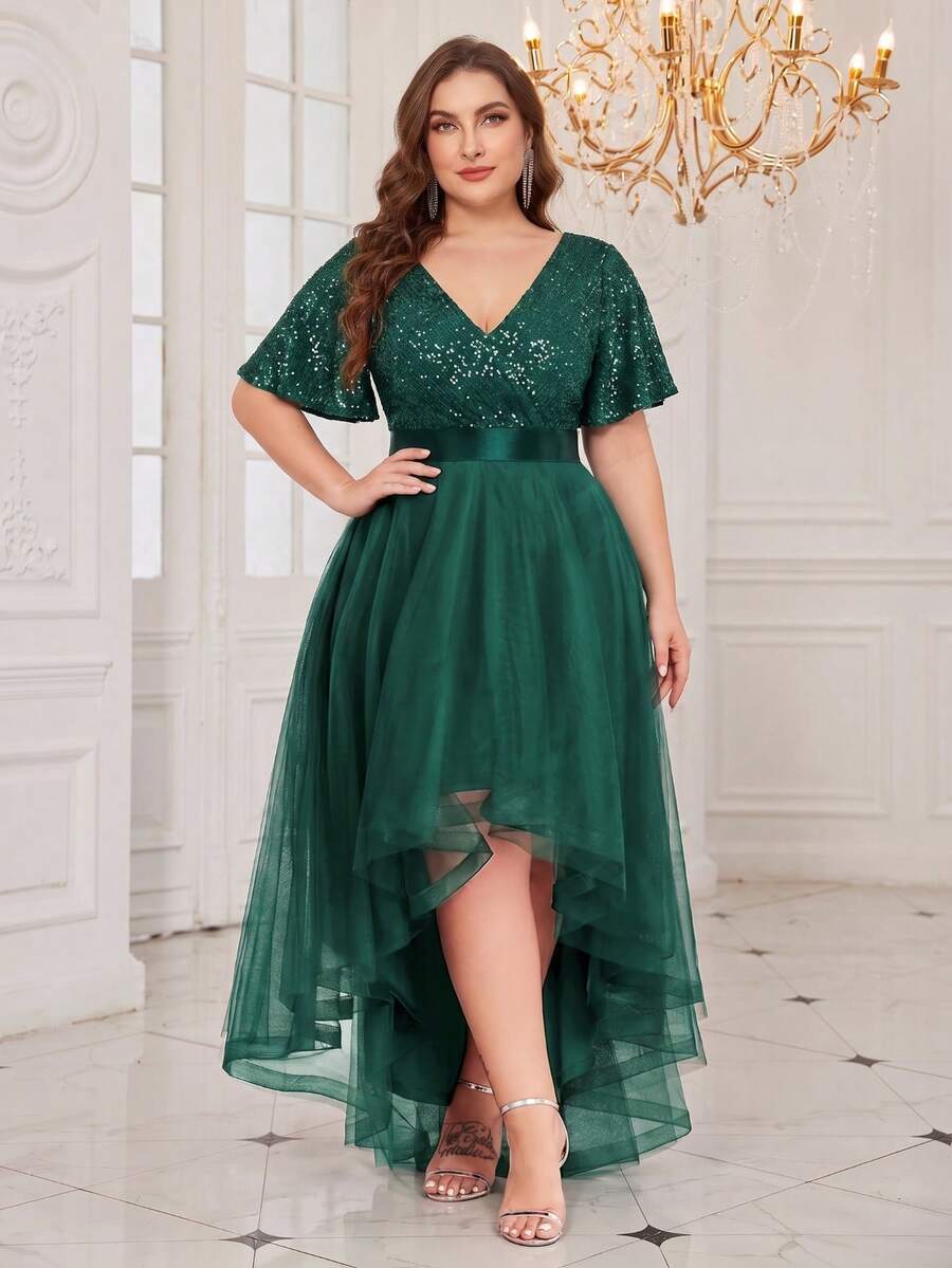 XUCTHHC Plus Size Elegant Party V-Neck Ruffle Sleeve Sequin High-Low Hem Mesh Skirt Formal Ball Gown, Wedding Guest, Cocktail Party, Holiday, Autumn/Winter - Dark Green - View 1