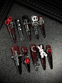 10pcs/Set Handmade Press-On Nails, Y2K Stiletto Shape, Wine Red Gel Nail Stickers With Skulls. Perfect For Party, Prom & Daily Wear. Handmade Nail Art For Women & Girls. - Multicolor - View 4