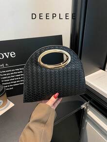 Fashion PU Woven Texture Design Shell Bag, Minimalist Style, Clutch Bag, Phone Storage Bag. Suitable For Women's Fashion Clutch Bag, Woven Texture Handbag For Women In Autumn/Winter, Also Suitable For Wedding Occasions. - Black - View 2