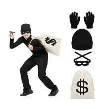 4PCS Burglar Robber Costume Set, Thief Cosplay Accessory Kit With Beanie Hat Eye Mask Gloves Money Bag For Party Fancy Dress - Multicolor - View 2