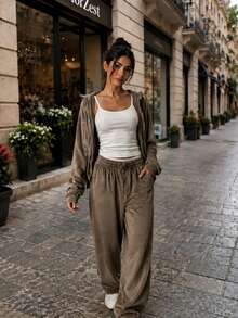 Women's Casual Velvet Drawstring Zipper Jacket And Pants 2 Pieces Set, Elegant For Autumn/Winter - Khaki - View 8