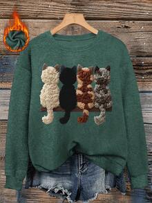 Atasan Rajut Wanita Ukuran Besar, Motif Kucing, Sweater Lengan Panjang Kerah Bulat Potongan Reguler, Pilihan Ideal untuk Musim Gugur - Hijau - View 3