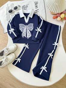 Tween Girl Bow Pattern Embroidered V-Neck Long Sleeve Sweatshirt And Pants - Royal Blue - View 2