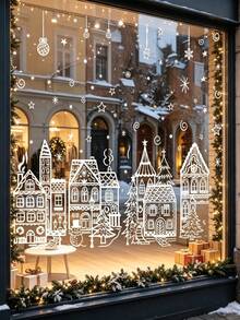 4 Sheets/78 Pieces Christmas Winter House Window Stickers - Cartoon Snowflake & Village Decoration, Reusable PVC Static Cling Stickers, Easy To Apply And Remove, Suitable For Glass Doors, Home, Cafe, Mall Holiday Decor, Festive Home Decoration - White - View 6