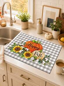 1件裝 Happy Autumn! 田園風南瓜圖案印花矽藻土廚房瀝水墊，吸水餐具乾燥墊，咖啡機墊、洗碗墊、水槽墊、廚房檯面保護墊，適用於杯子、盤子、餐具與廚房裝飾 - 彩色 - 查看 5