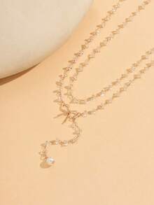 2pcs Minimalist Asymmetric Crystal Necklace, Fashion Layered Bowknot Decor Necklace, Suitable For Daily Wear, Date, Party And Music Festival. Adjustable Chain Length - White - View 4