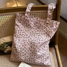 Korean Style Pink Leopard Print Canvas Tote Bag For Women, Extra Large Capacity, Vertical Shoulder Bag, Commuter Handbag - Multicolor - View 1