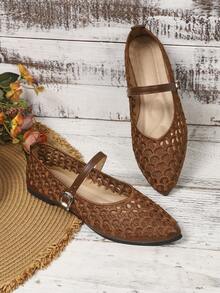 Women's Summer New Lace Mesh Hollow Out Flat Shoes - Brown - View 2