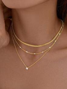 1pc Layered Gold Necklace Set For Women, 14K Gold Plated Sterling Silver CZ Circle Pendant With Stackable Cuban Chain Choker, Waterproof Gift - Multicolor - View 4