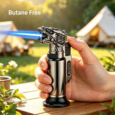 (No Butane) High‑Temperature Direct Flamethrower With Fixed Flame Lock, Outdoor Windproof Lighter, Blue Flame Butane Lighter, Inflatable, Adjustable Flame Size, Quick Ignition, With Heat Dissipation Holes, 360° Inverted Ignition, Suitable For Camping