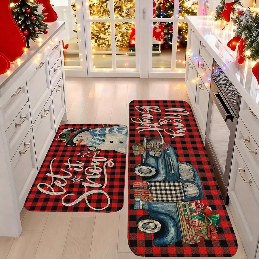 1/2/3pcs Christmas Theme Kitchen Rug, Flannel Kitchen Mat, Comfortable Soft Absorbent Non-Slip Machine Washable With Anti-Slip Backing, Multi-Functional Home Floor Mat For Entryway, Living Room, Bedroom, Kitchen, Dining Room, Bathroom, Laundry Room, Patio, Foyer, Christmas Holiday Decor - Multicolor - View 1