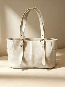 Tas Tote Vintage Pria, Tas Bahu Kerja Kapasitas Besar, Tas Tangan Kantor Bisnis dengan Tali Gesper yang Dapat Diatur untuk Perjalanan Sehari-hari - Krem - View 1