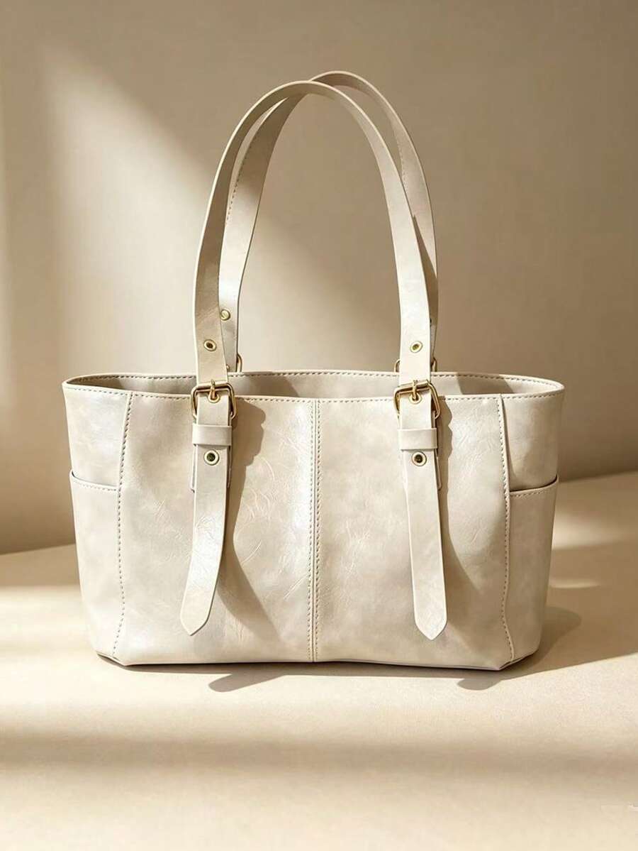 Tas Tote Vintage Pria, Tas Bahu Kerja Kapasitas Besar, Tas Tangan Kantor Bisnis dengan Tali Gesper yang Dapat Diatur untuk Perjalanan Sehari-hari - Krem - View 1