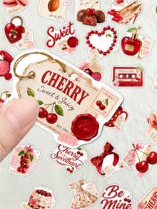50Pcs Red Sweet Cherry Graphic Stickers, Aesthetic Fruit Dessert Waterproof Decals For Notebook, Luggage, Skateboard - Multicolor - View 2