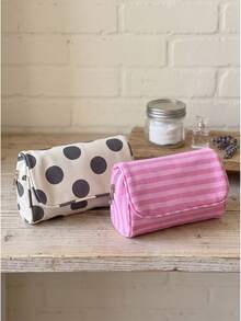 1pc Polka Dot & Striped Makeup Bag With Built-In Mirror, Portable Large Capacity Cosmetic Storage Bag, Women & Girls Travel Toiletry Organizer, Daily Use - Multicolor - View 2