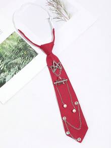 1Pc Men Yellow/Black/Green/Red Star Rhinestone Chain Pearl Decor Pre-Tied Cool Punk Necktie For Party Daily Wear - Multicolor - View 13